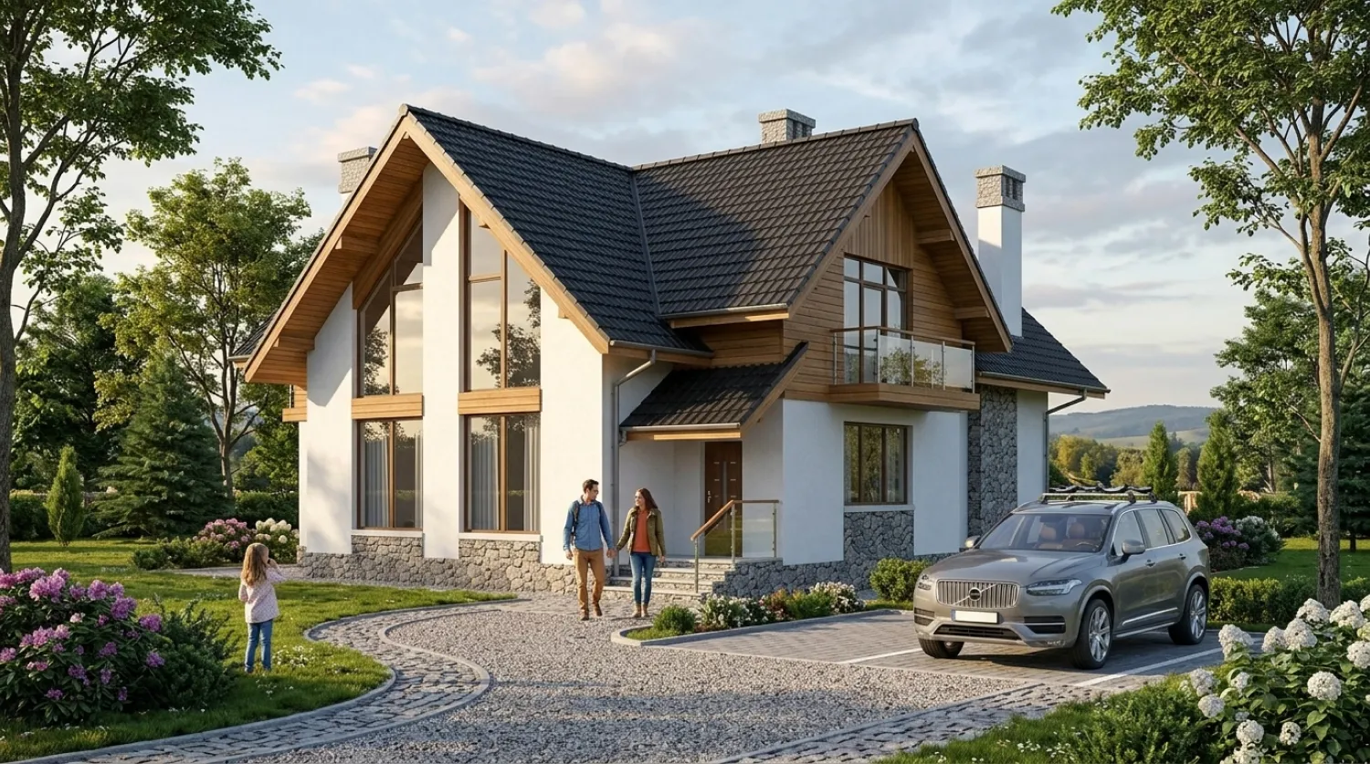 Проект каркасного дома с мансардой и террасой 140 м²
