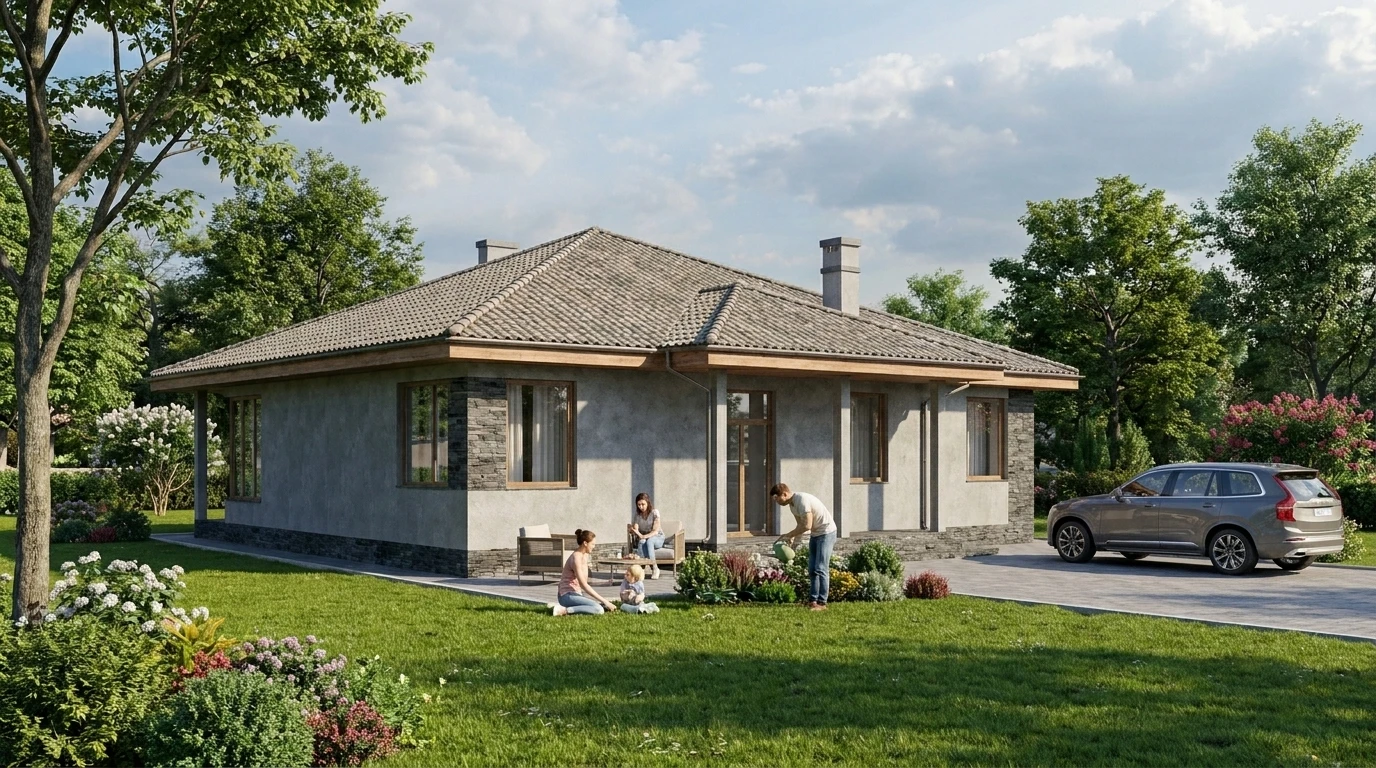 Проект одноэтажного дома из кирпича с террасой от 120 м²