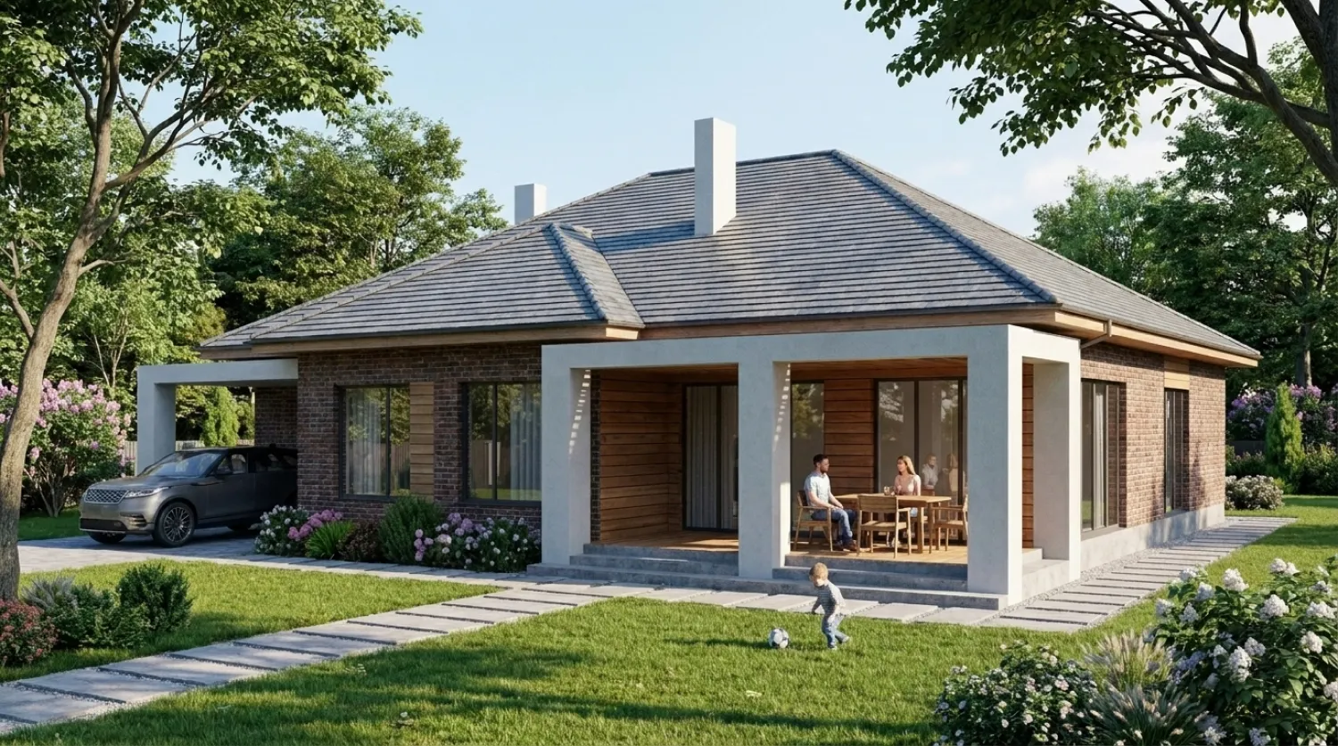 Проект одноэтажного дома из кирпича с террасой 230 м²